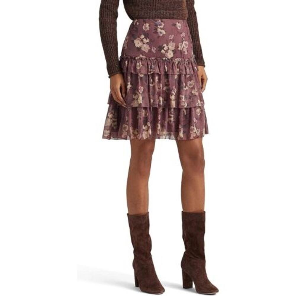 Ralph Lauren Women Purple Georgette Boho Ruffled Tiered A-line Skirt Size 14